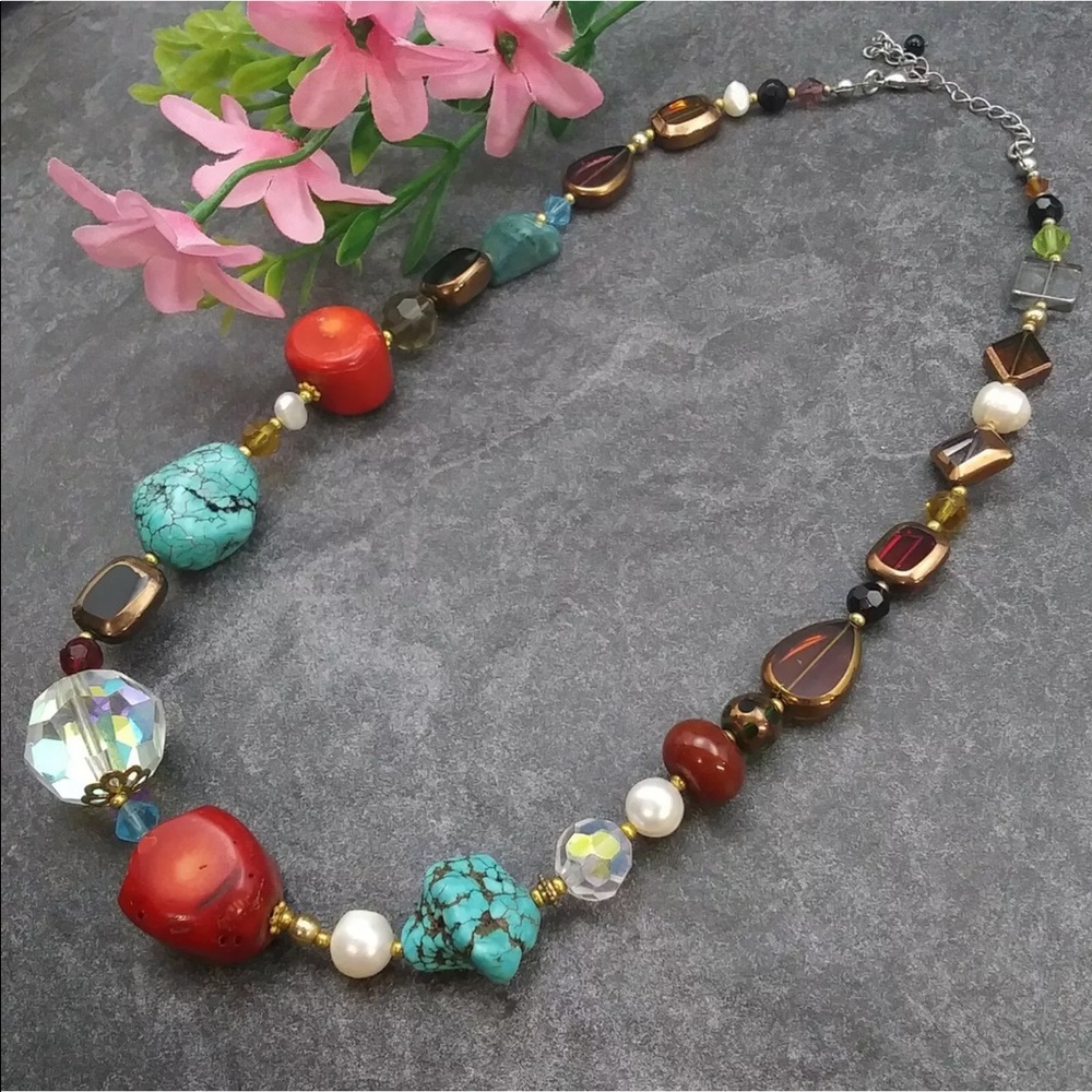 Handmade Mixed Materials (turquoise/Coral) Beaded Necklace. 18-21”